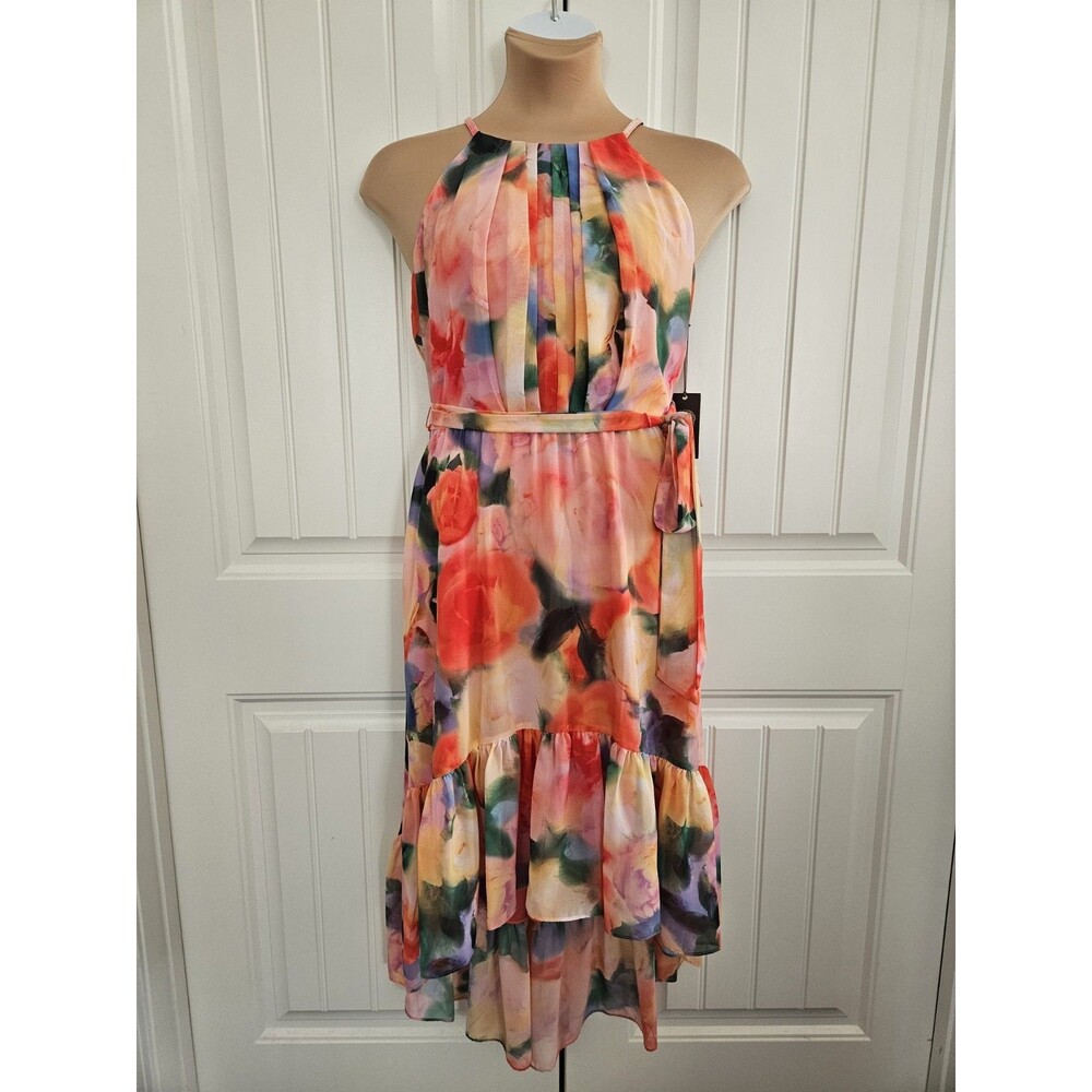 Vince Camuto Floral Chiffon Halter High-Low Midi Dress Size 12 Belted Ruffled
